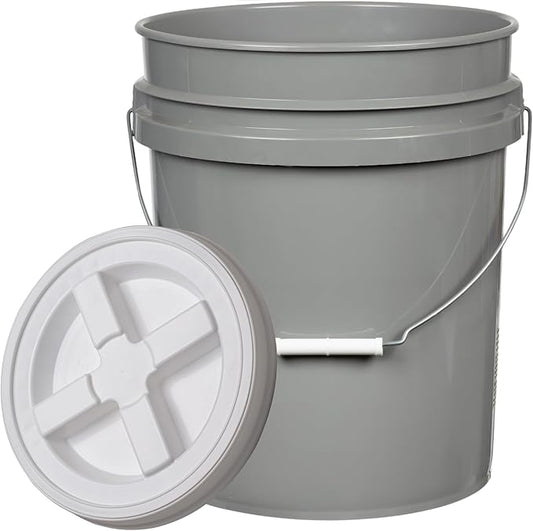 House Naturals 5 Gallon Food Grade BPA Free Made in USA Pails Gray Bucket with Screw On Air Tight Lid (1, Gray with White lids)