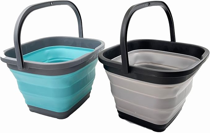 SAMMART 10L (2.6 Gallon) Collapsible Rectangular Handy Bucket (Alloy Grey + Crystal Blue (Set of 2))