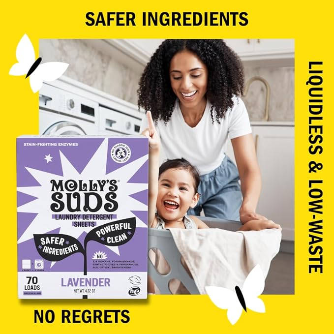 Molly’s Suds Laundry Detergent Sheets | Gentle on Sensitive Skin, Powerful Bio-Based Enzymes, Stain-Fighting | Liquidless & Plastic-Free Packaging | 120 Loads (Lavender)