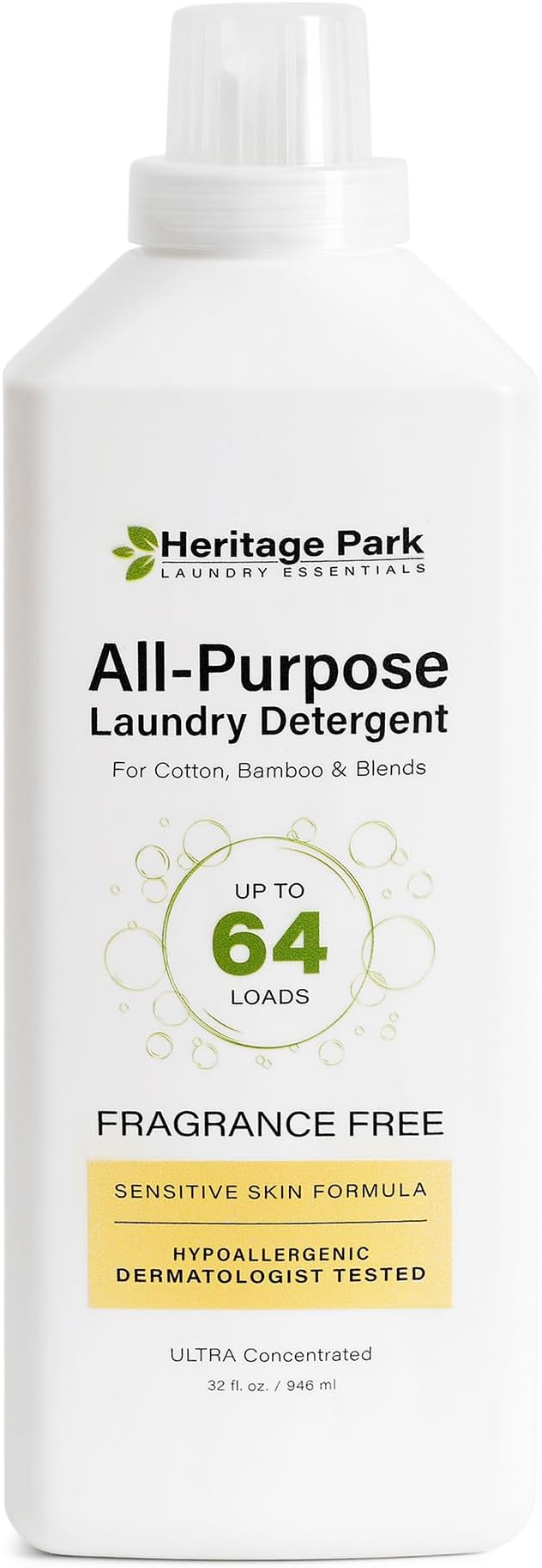 Heritage Park Luxury Laundry Detergent | Dermatologist Tested Plant based Natural & Enzyme Laundry Detergent | Sensitive Skin Friendly - Fragrance Free (32 fl oz)