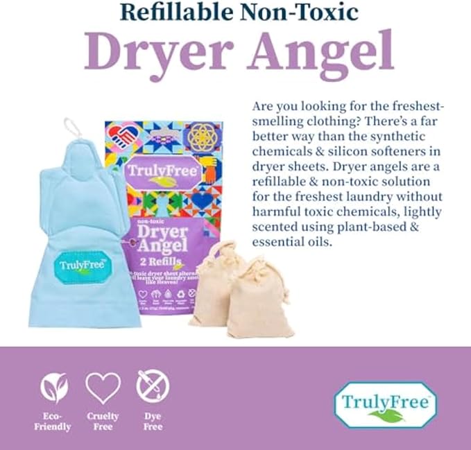 Truly Free Dryer Angel - Natural Dryer Sheet Alternative, Non-Toxic Reusable Fabric Softener Sheets and Scent Booster, Safe for Babies and Sensitive Skin, Laundry Room Essentials - 2 Packs + 2 Refills
