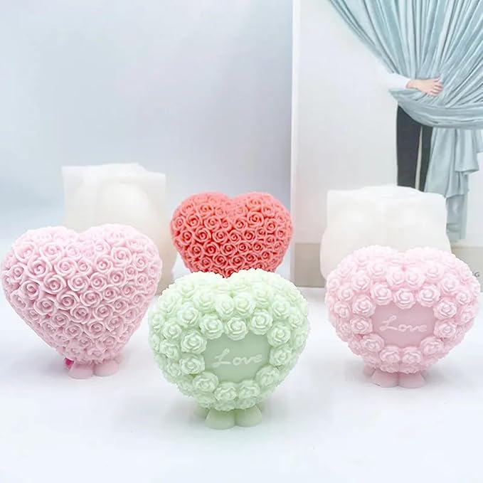 3D Rose Heart Shaped Candle Soap Silicone Mold Fondant Chocolate Candy Cake Decorating Mold Plaster Resin Polymer Clay Mould Wedding Valentine's Day Decor