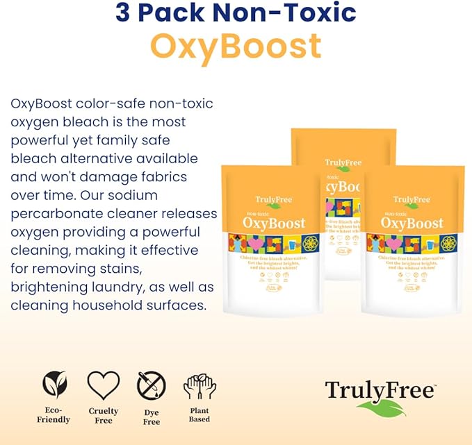 Truly Free OxyBoost - Oxygen Whitener & Clothes Stain Remover Laundry Detergent Powder with Sodium Percarbonate - Brightens Whites & Safe for Colors - Non-Chlorine, Gentle Yet Powerful - Pack of 3