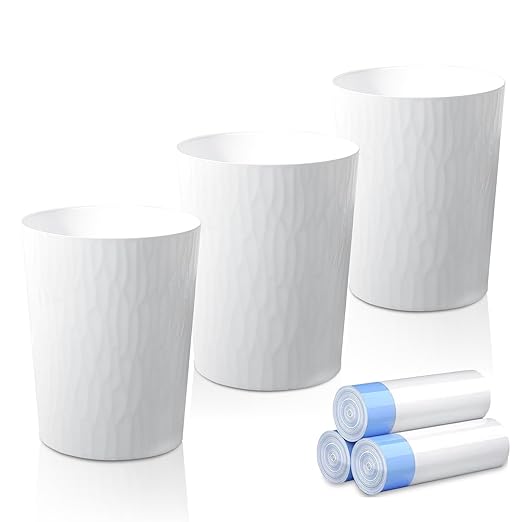 UUJOLY Small Trash Can Wastebasket Garbage Can Container Bins for Bathrooms,Bedroom Room, Kitchens, Offices, Kids Rooms, Dorms, 3 Pack, White