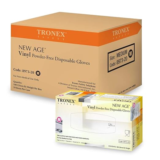 TRONEX 8973 Vinyl Disposable Gloves, Latex-Free, Powder-Free, Food Service, Catering, Natural, Medium, Case of 1000