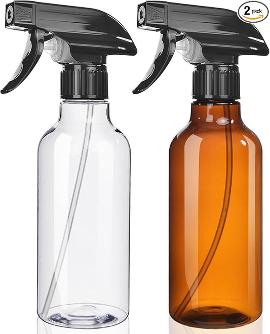 Spray Bottles 2-Pack, 10 Oz, Mist & Stream, Heavy Duty Spraying Empty Water Sprayer Bottle, BPA Free Plastic Refillable Containers for Cleaning Solutions, Plants, Hair, Essential Oils (Clear & Amber)