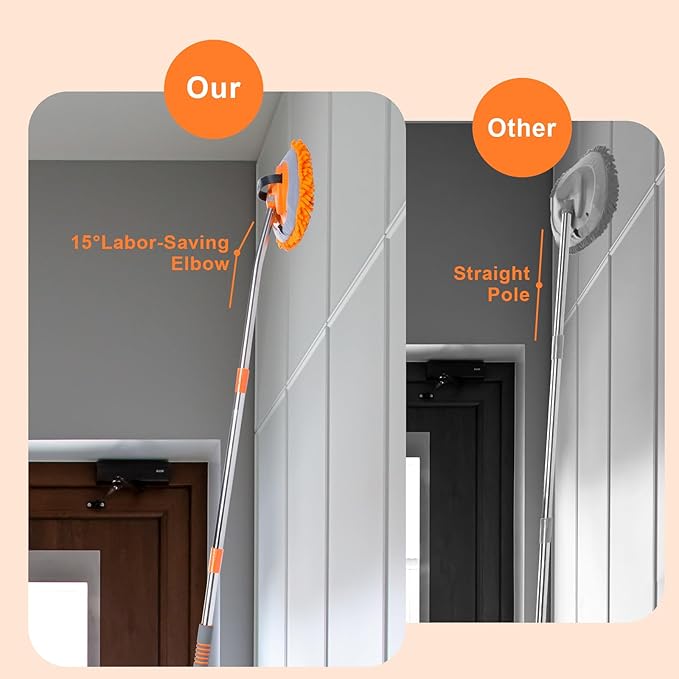Wall Cleaner Mop with 56” Long Handle,15°Labor-Saving Elbow,Multi-Surface Duster for Painted Walls,Floor,Baseboard & Windows, Includes 2 Replaceable Microfiber Chenille Pads (Orange)