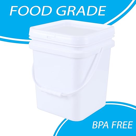 4 Gallon (4 Pack) Plastic Bucket Pail with Handle, Food Grade Bucket Containers with Lid, White