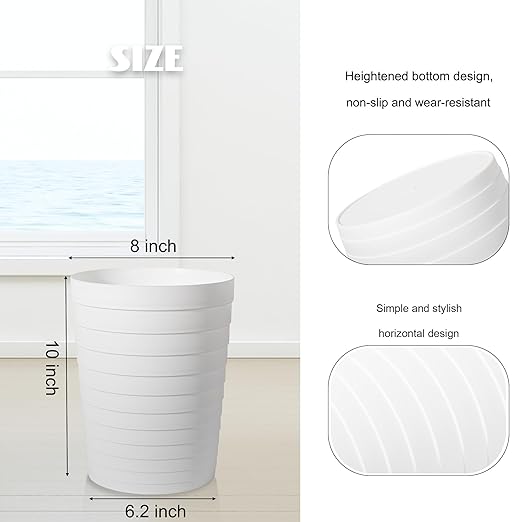 UUJOLY Small Bathroom Trash Can Wastebasket, Plastic Garbage Bin Container Basket for Bathrooms, Laundry Room, Kitchens, Offices, Kids Rooms, Dorms, White, 1.8 Gallon/3 Pack