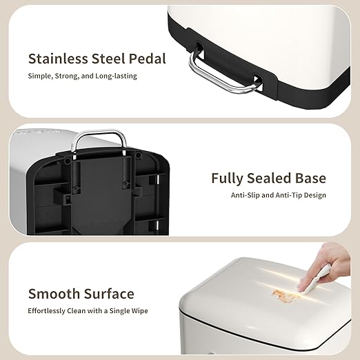 MRBIN Metal Kitchen Trash Can, Commercial Step Office Garbage Bin with Soft Close Lid, 40L / 10.5gal Stainless Steel Foot Pedal Tall Rectangle Waste Basket for Rv, Bathroom Accessories, White