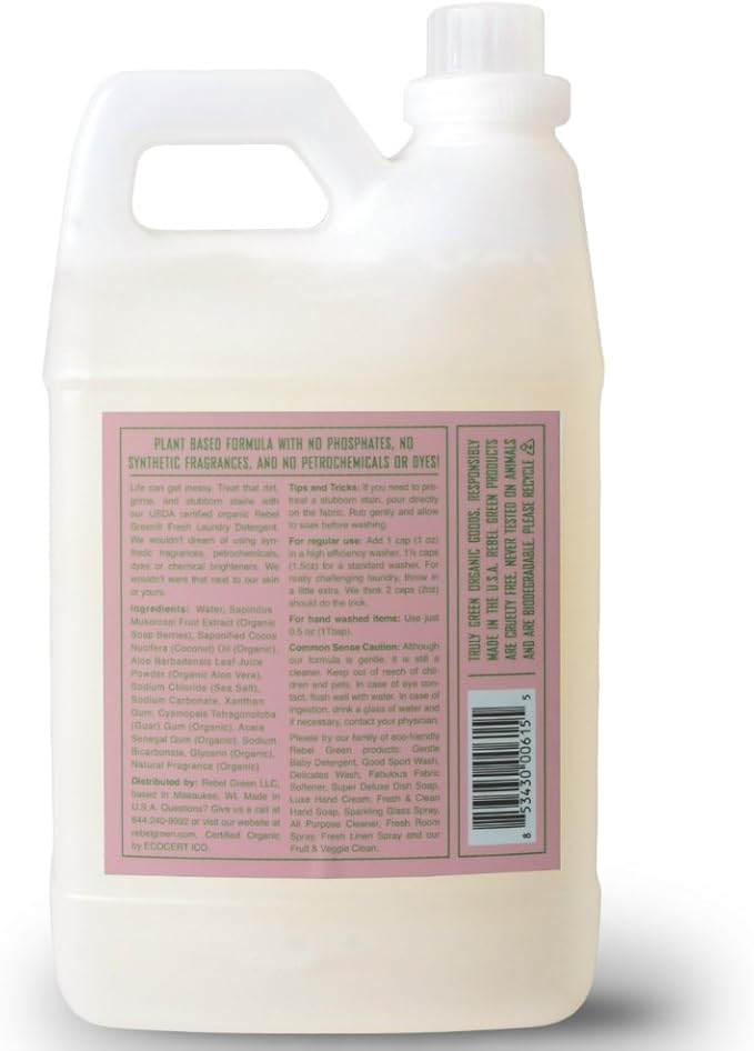 Rebel Green Laundry Detergent, Organic and Sulfate Free Hypoallergenic Laundry Soap, Pink Likal Scent, 64 Load Bottle