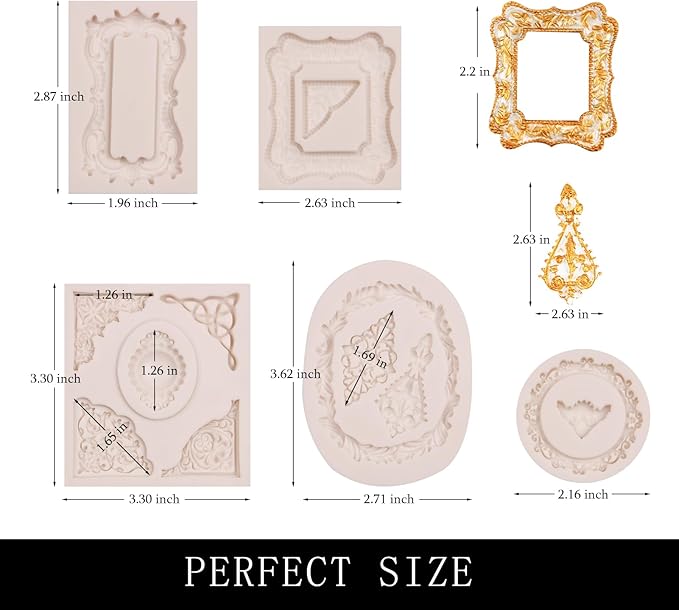 Mini Picture Fondant Silicone Molds Baroque Vintage Photo Frame Silicone Molds for Chocolate Resin Clay Cake Decorating, Set of 5