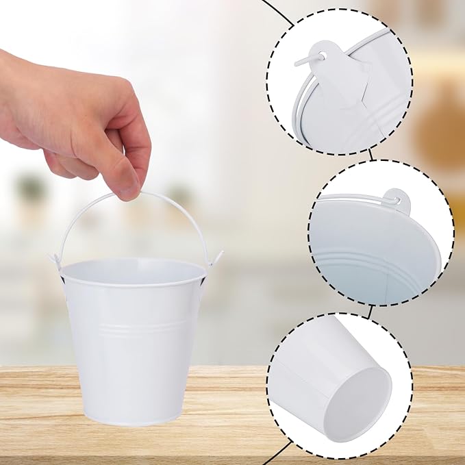 20 Pack 4 Inch White Mini Metal Bucket, Elegant Galvanized Buckets with Handles, Tin Buckets, Small Iron Bucket, Mini Metal Pail for Party Favors, Crafts, Garden & Beach