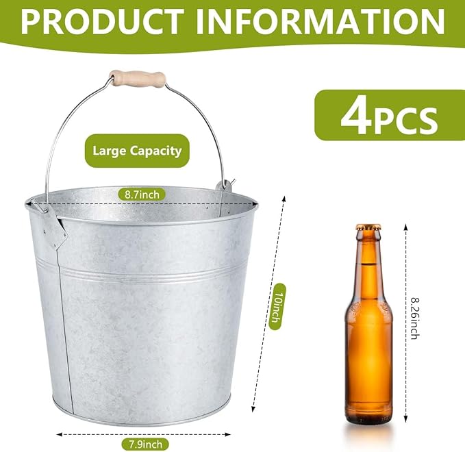 OBTANIM 4 Pack 8 Quart Galvanized Metal Buckets Champagne Drink Cooler Storage Ice Pails with Handle for Plants, Succulents, Party Favors Organizing Home Parties Bar Cooling Supplies