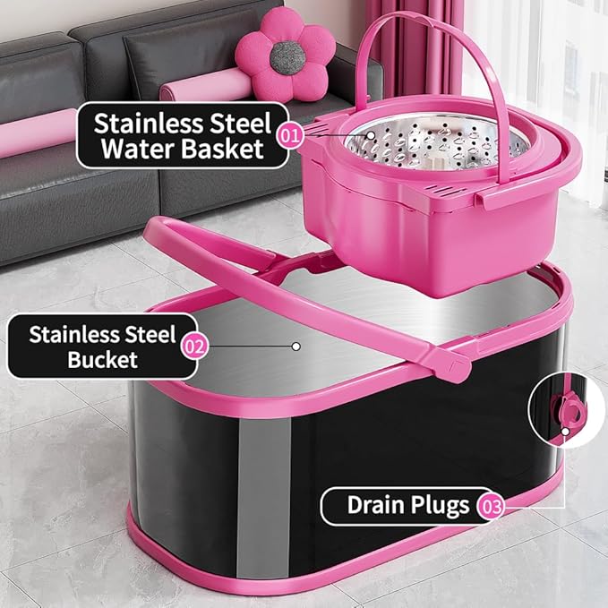 Stainless Steel Spin Mop and Bucket with Wringer Set for Home,360° Mop and Bucket with Separate Clean and Dirty Water,Wet Dust Mop for Floor Cleaning with Extra Refills (Black Pink)