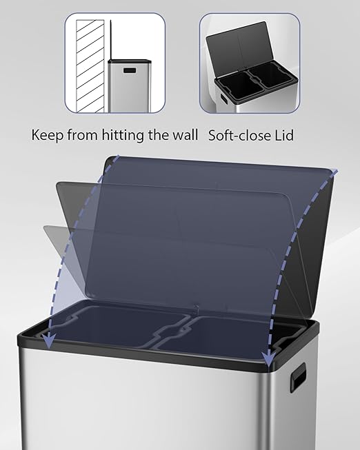 Garvee Dual Trash Can for Recycling and Trash, 2 x 30 L (60 L) Stainless Steel Kitchen Trash Can with Lid and Foot Pedal, Double Compartment Garbage Can, with Recycling Bin, 2 x 8 Gallon