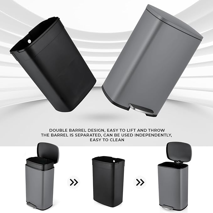 8 Gal Kitchen Trash Can, 30L Recycling or Garbage Bin, Brushed Stainless Steel Waste Basket, Soft&Quiet Close Dustbin, with Step-On Pedal, Removable Inner Bucket, for Home, Office, Living Room