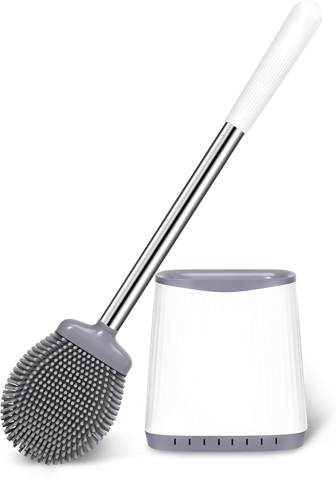 Toilet Brush, Silicone Toilet Brush and Holder Set, Flexible Toilet Bowl Brush Head with Ventilated Holder, Wall Mounted Compact Toilet Scrubber Set for Bathroom Cleaning (1, White)