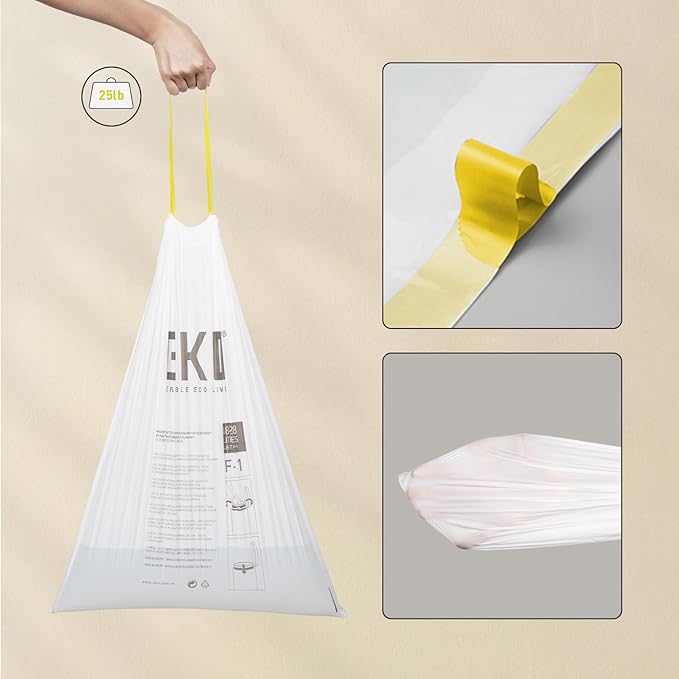 EKO 8 Gallon / 30.3 Liter, 60 Count Drawstring Trash Bags, Extra-Strong Unscented Garbage Bags, Easy-Dispense Roll for Kitchen & Household Use, Resists Tears, Leaks and Punctures, Code F-1, White