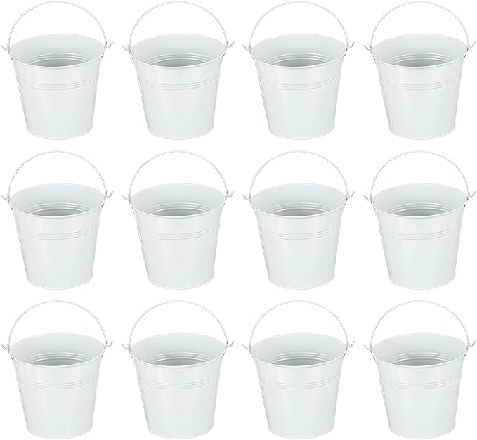PATIKIL 5.1"x4.7" Small Metal Buckets with Handle, 12 Pcs Mini Galvanized Bucket Colorful Easter Buckets for Crafts Party Favors Decoration, White