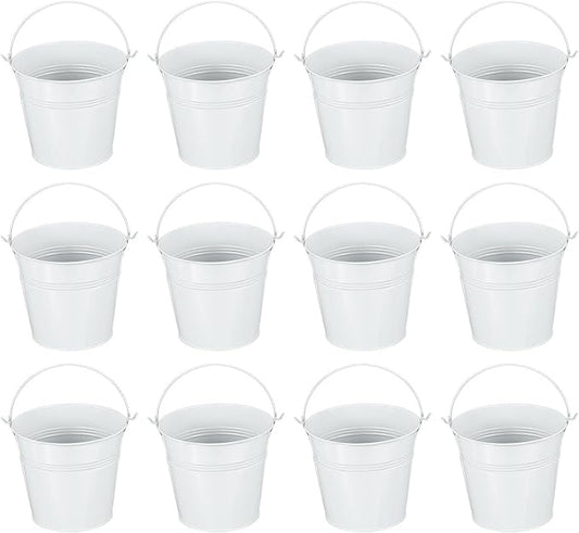 PATIKIL 5.1"x4.7" Small Metal Buckets with Handle, 12 Pcs Mini Galvanized Bucket Colorful Easter Buckets for Crafts Party Favors Decoration, White