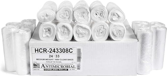 Aluf Plastics High Density Trash Bags, 16 Gallon, 1000 Count, 8 Micron (eq), 24" x 33", Clear, for Bathroom, Office, Industrial, Commercial, Janitorial, Municipal, Recycling