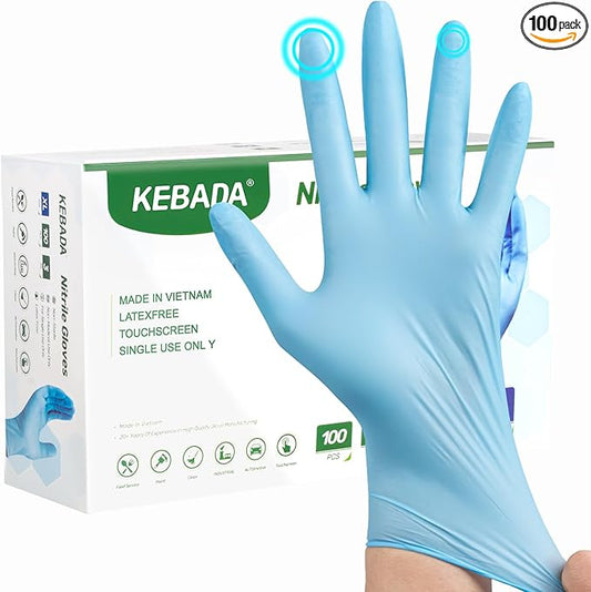 Kebada Nitrile Gloves D1, Nitrile Disposable Gloves for Cleaning, Food Prep, Industrial Grade, Non-Sterile, Food Safe, Powder & Latex Free, Touchscreen, Blue, 100 Count, Large (Made in Vietnam)