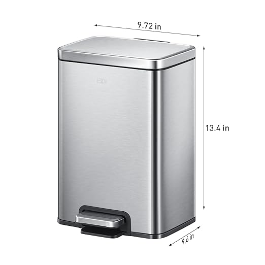 EKO Madison 12L / 3.2 Gal Bathroom Trash Can with Lid and Removable Inner Basket, Rectangular Small Step Trash Can, Brushed Stainless Steel