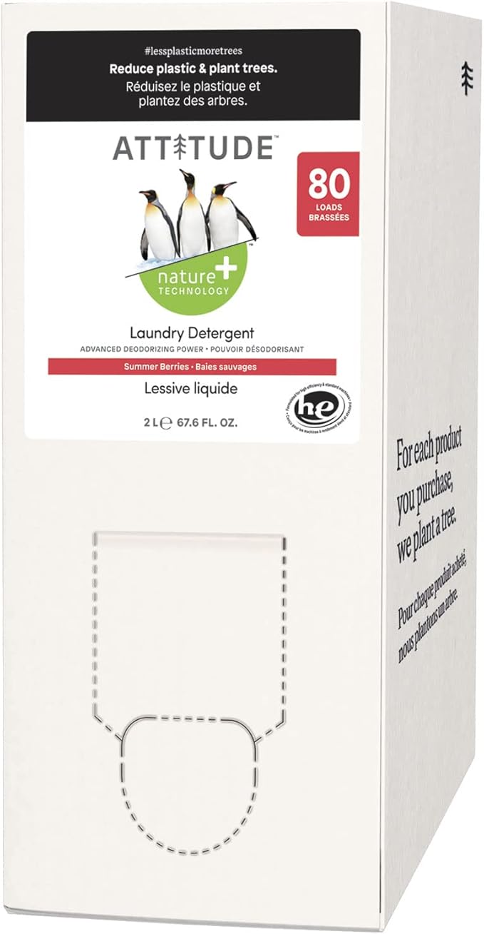 ATTITUDE Liquid Laundry Detergent Refill, EWG Verified, HE Compatible, Plant-Based & Vegan, Natural Laundry Soap, Summer Berries Scent, 80 Loads, 67.6 Fl Oz