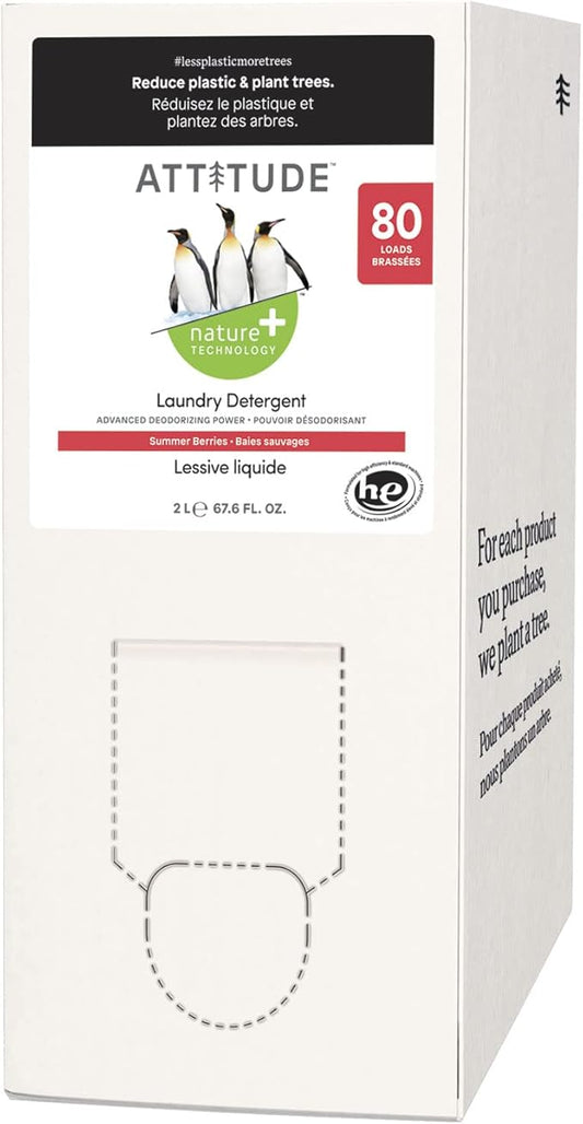 ATTITUDE Liquid Laundry Detergent Refill, EWG Verified, HE Compatible, Plant-Based & Vegan, Natural Laundry Soap, Summer Berries Scent, 80 Loads, 67.6 Fl Oz