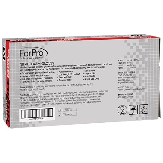 ForPro Disposable Nitrile Exam Gloves, Medical Grade, 4 Mil Extra Protection, Powder-Free, Latex-Free, Non-Sterile, Food Safe, Black, Medium, 100-Count