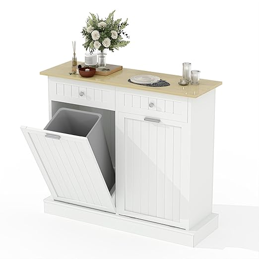 20 Gallon Tilt Out Trash Cabinet, 2-Door Wood Freestanding Garbage Recycling Cabinet with Hideaway Drawer & Pet Proof Design, White Trash Bin Holder for Kitchen, Living Room