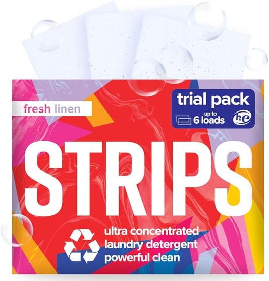 STRIPS Laundry Detergent Sheets Fresh Linen Travel Pack (3ct, 6 loads) Eco Liquidless Soap, Travel-Friendly, Dissolves in Hot & Cold, Hypoallergenic, Tackles Tough Stains & Odors