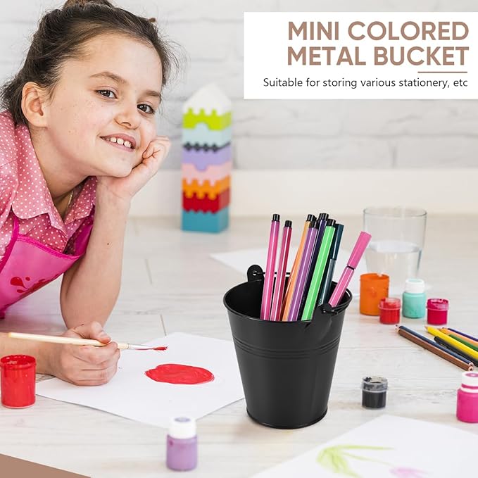 OBTANIM 7 Pack Black Metal Buckets with Handle Galvanized Ice Pails for Plants, Succulents, Party Favors Organizing, Rustic Home Decor or Classrooms Pencil Storage (4 x 2.8 inch)