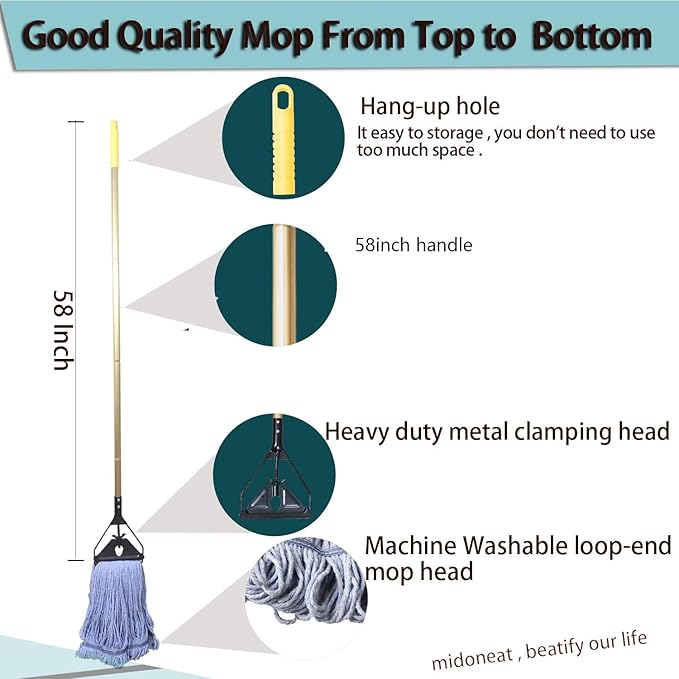 Commercial Industrial Heavy Duty Mop with Long Handle,58" Looped-End String Wet Cotton Mops for Floor Cleaning, 2packs
