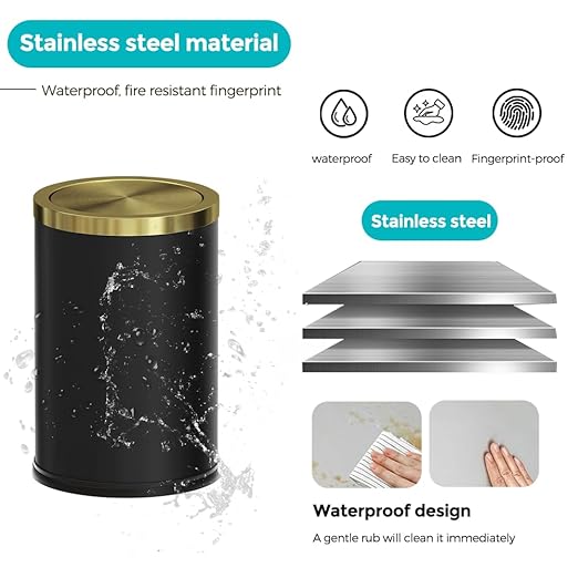 Stainless Steel Wastebasket, Small Black and Gold Trash Can with Lid, 9L / 2.4 Gallon for Bathroom, Bedroom, Office, Hotel