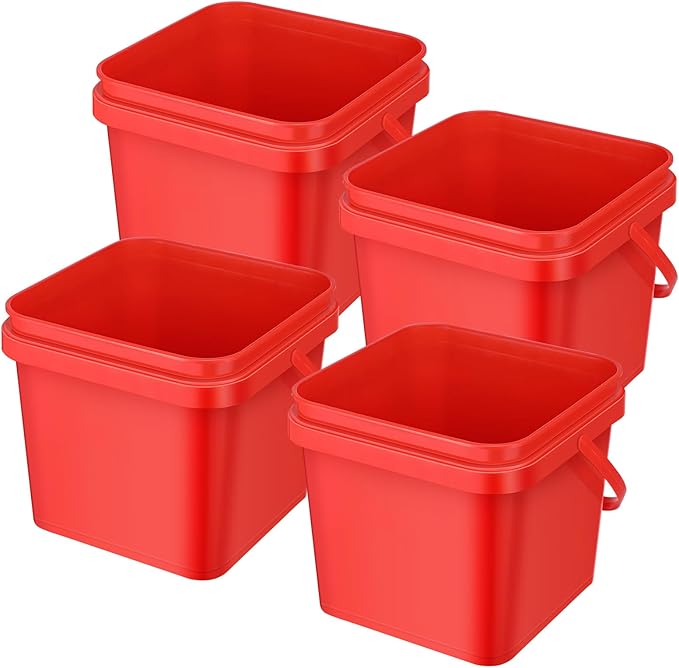 4 Pcs Plastic Bucket 5 Quart Square Bucket Utility Small Pail with Handle Sturdy Pail Organizer for House Cleaning Storage Livestock Feeding Car Washing Food Storage, No Lids(Red)
