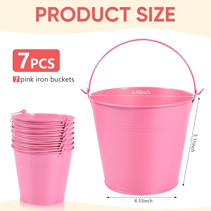 OBTANIM 7 Pack Pink Metal Buckets with Handle Galvanized Ice Pails for Plants, Succulents, Party Favors Organizing, Rustic Home Decor or Classrooms Pencil Storage (6 x 4.4 inch)