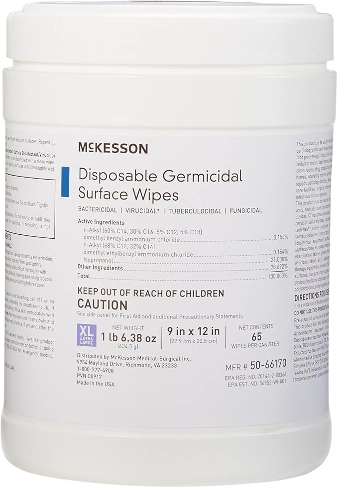 McKesson Germicidal Disinfecting Wipes [1 Pack of 65 Wipes]– XL Alcohol Wipes for Medical & Household Use, Hospital-Grade Surface Cleaner, Multi-Surface Cleaner & Sanitizer