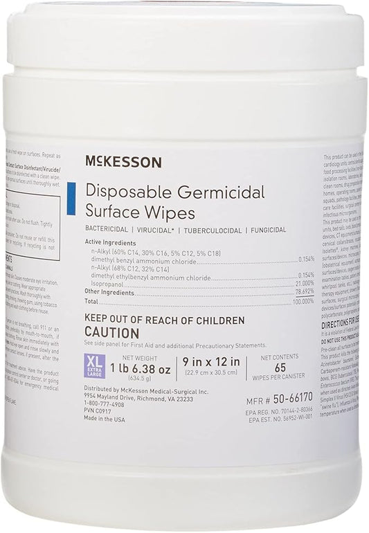 McKesson Germicidal Disinfecting Wipes [1 Pack of 65 Wipes]– XL Alcohol Wipes for Medical & Household Use, Hospital-Grade Surface Cleaner, Multi-Surface Cleaner & Sanitizer