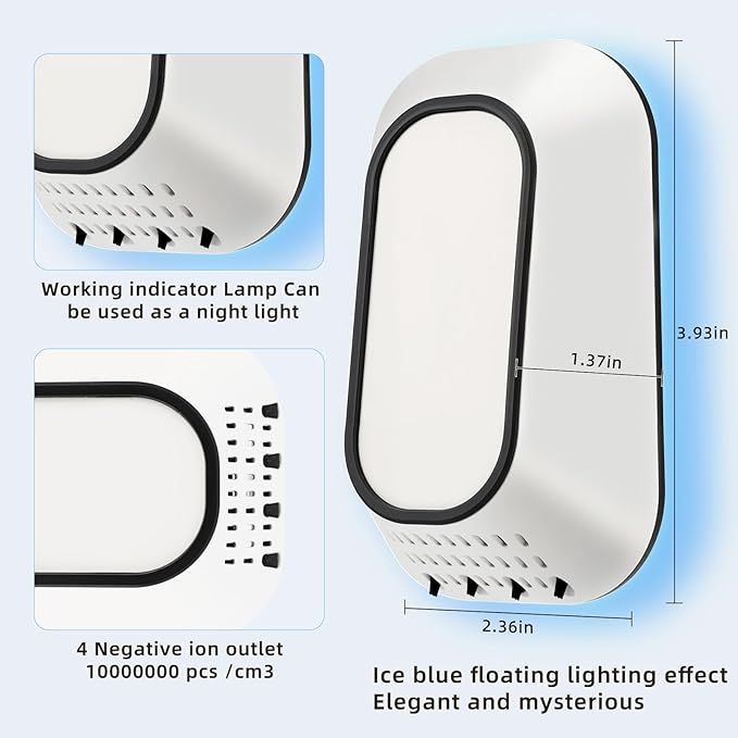 Plug In Ionizer Air Purifier With 4 Negative Ion Output Heads,Small Air Freshener With Backlight,Quiet and Energy-Saving, Ideal Air Cleaners for Home,Bedroom,Office,Living Room and Pet Room(3)