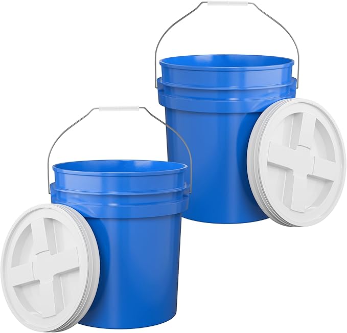 5-Gallon Blue Bucket Pail with Gamma Seal Screw on Airtight Lid, Metal Handles with Plastic Grip for Easy Carrying, Easy Stack and Store, Heavy-Duty 90MIL Extra Durable, Food Grade, BPA Free - 2 Pack