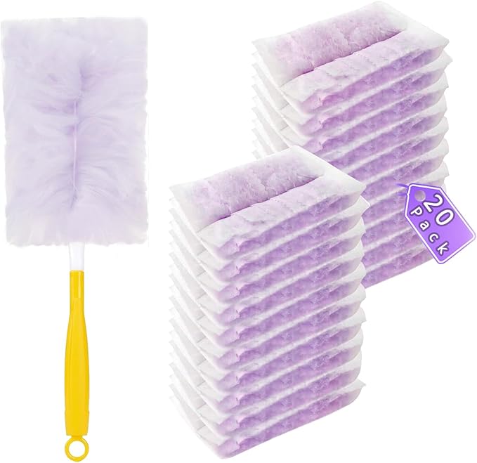 Duster Refills Compatible with Swiffer Duster, Heavy Duty Multi Surface Duster Replacement with 1 Extra Handle for Cleaning Furniture, Blinds, Ceiling Fans and Car (Purple- 20 Pack)