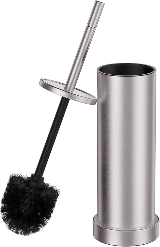 Brushed Nickel Toilet Brush and Holder Set, 304 Stainless Steel Toilet Brush for Bathroom, Heavy Duty Toilet Bowl Brush with Holder, Removable Inner Bowl and Splash Protection, Long Handle