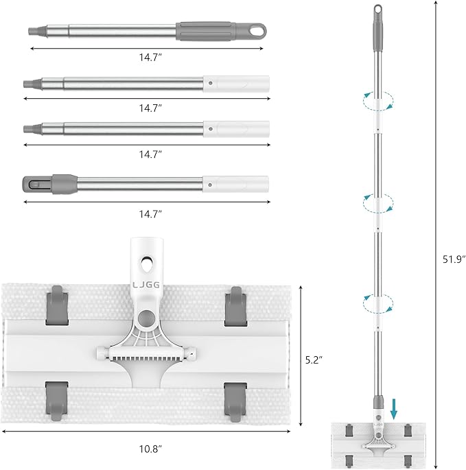 Reusable Microfiber Flat Mop for Floor Cleaning, 10.8 in (27.5 cm) Aluminum Base with 52 in Aluminum Handle, Includes 4 Washable Pads for Wet & Dry Use – LJGG (Gray/Yellow)