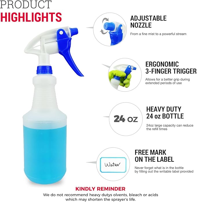 3X High Output Heavy Duty Spray Bottles for Cleaning Solutions, 3 Pack, 24 oz Commercial, Industrial Spray Bottles for Household Cleaning and Car Detailing.