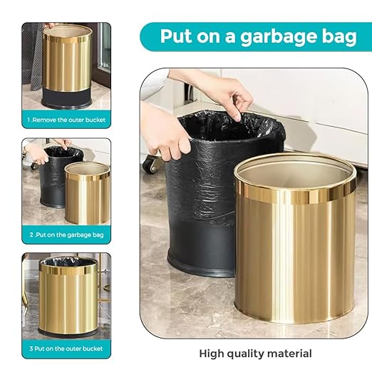 2.64 Gallon Brass Gold Bathroom Trash Can, Double Walled Wastebasket, Elegant, Modern Garbage Can for Bedroom Kitchen Hotel Cafe Office Restaurant (88J Gold