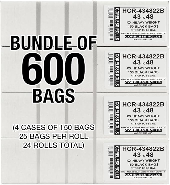 Aluf Plastics High Density Trash Bags, 56 Gallon, 600 Count, 22 Micron (eq), 43" x 48", Black, for Bathroom, Office, Industrial, Commercial, Janitorial, Municipal, Recycling