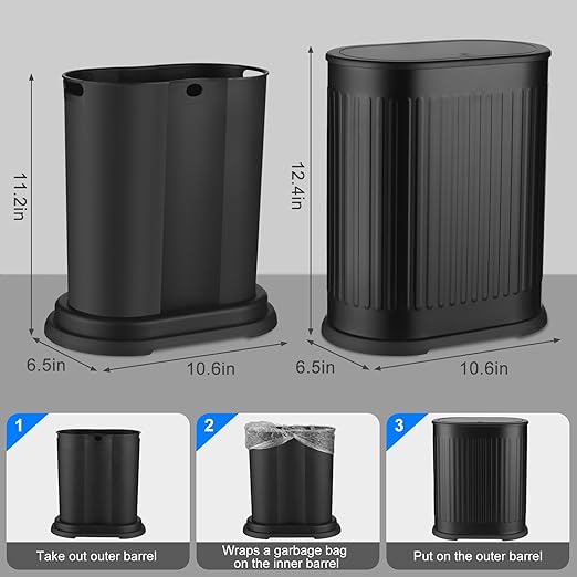 Anzoymx Bathroom Trash Cans Black Stainless Steel Small Garbage Can with Pop up Lid, 1.8 Gallons Dog Proof Narrow Wastebasket, Slim Litter Trash Bins for Bedroom, Toilet, Office