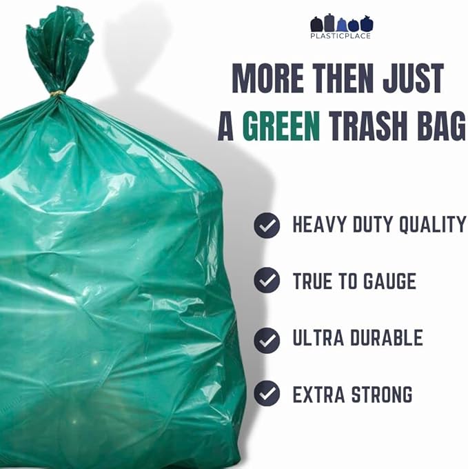 Plasticplace 64-65 Gallon Trash Can Liners for Toter │ 1.5 Mil │ Green Heavy Duty Garbage Bags │ 50” x 60” (50 Count) (W65LDGTL)